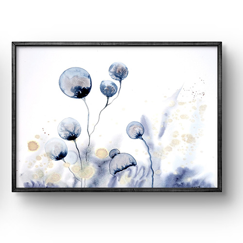 original watercolor surrealistic Marta Konieczny modern 40x30 cm best gallery beautiful  for women  for gift  for modern interior  best decoration for loft  green  botanic  organic  plants  fantastic  flovers  blue  azzurro